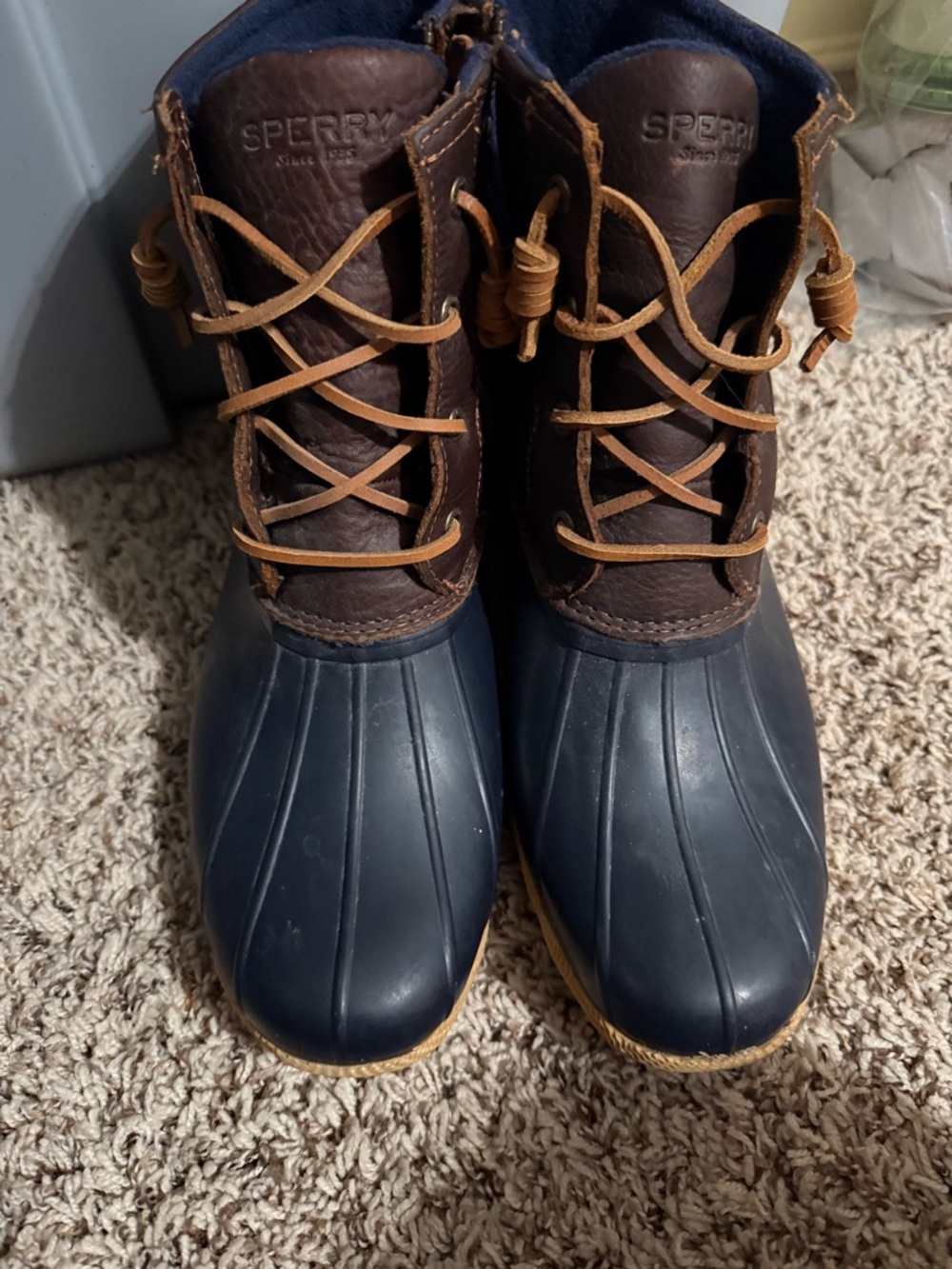 Women’s Sperry Navy and Brown Waterproof Lace-Up Duck Boots